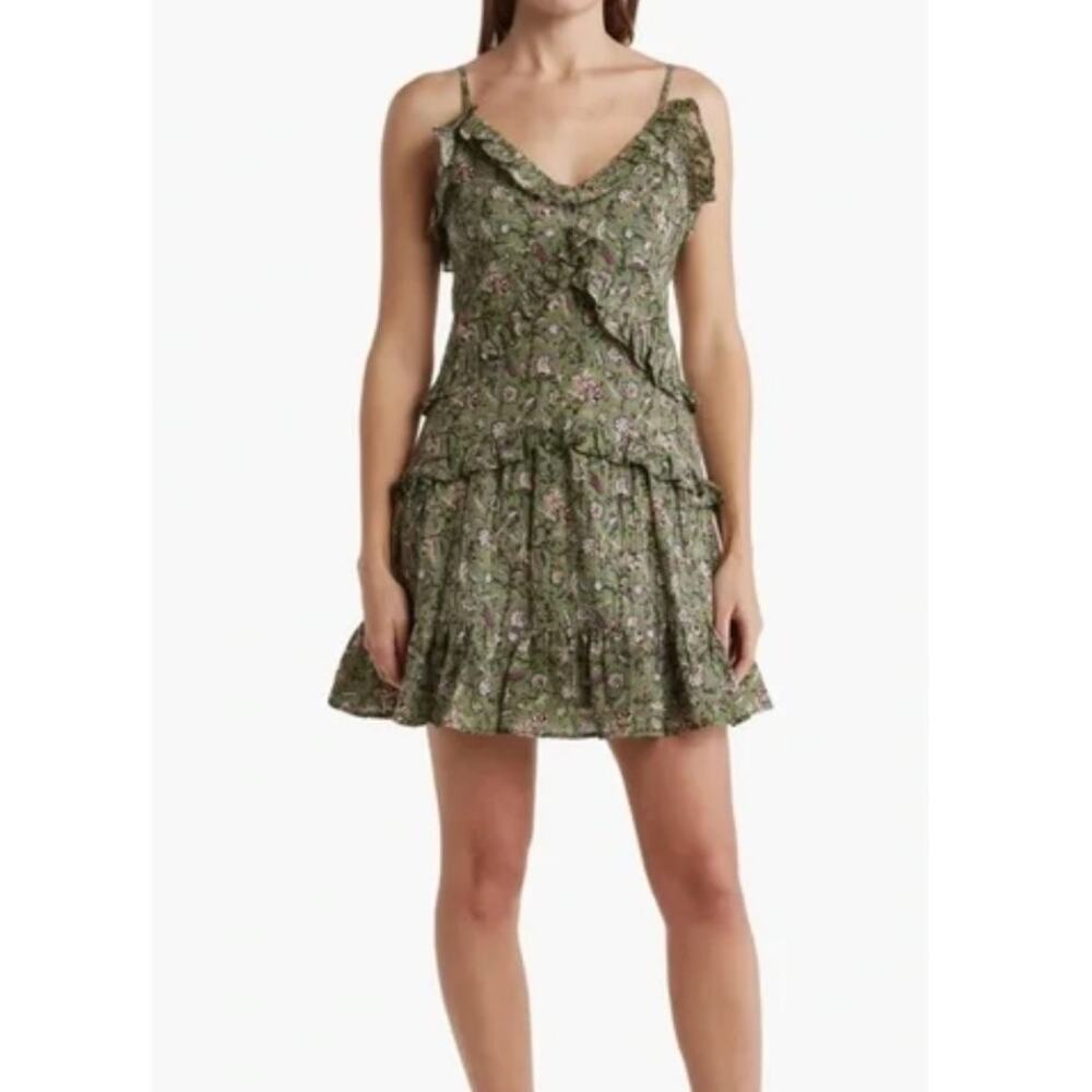 Maisie Floral Print Ruffle Cotton Tiered Mini Dress Size Large Green Sundress